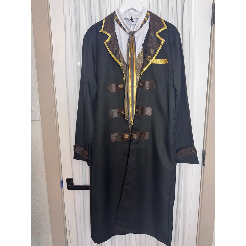 Steampunk Victorian Mens Costume Long Coat Vest Cravat Gear Details Black Gold - Picture 2 of 15